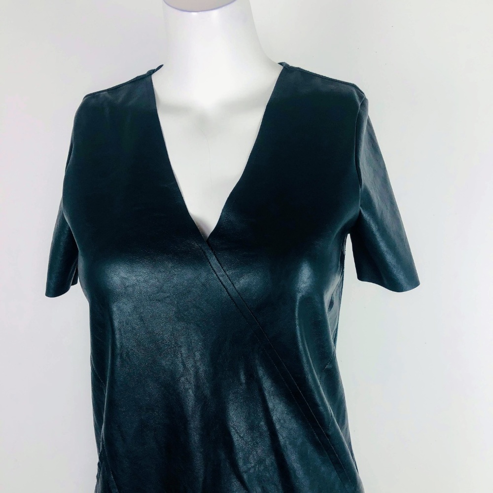 Zara Faux Leather Shift Black Dress V-Neck Short - Picture 3 of 6